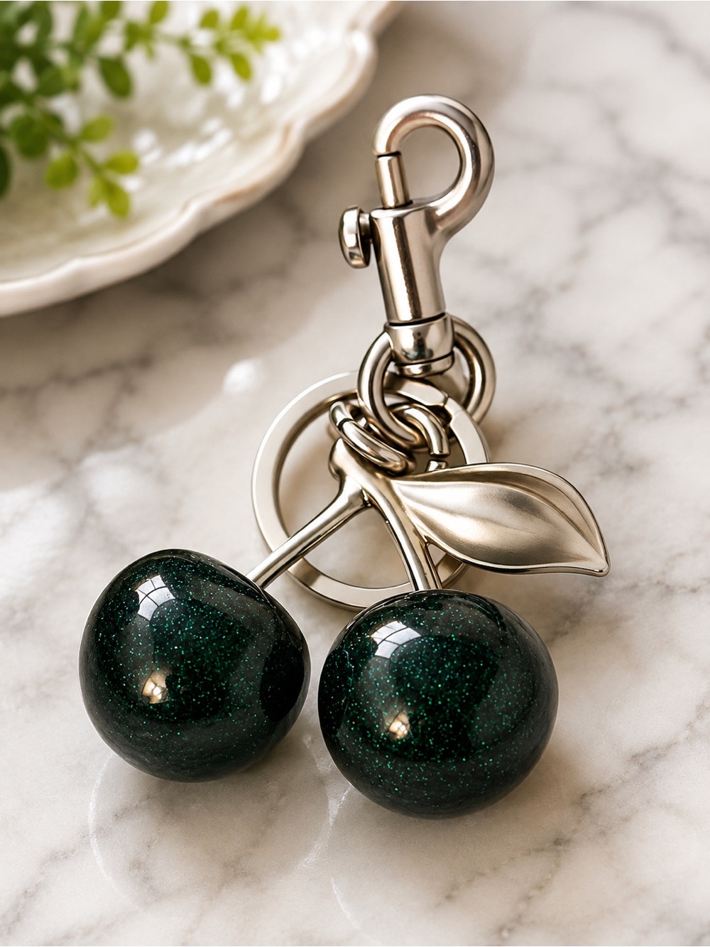 Metal Cherry Keychain with Dark Green Sparkle Cherries